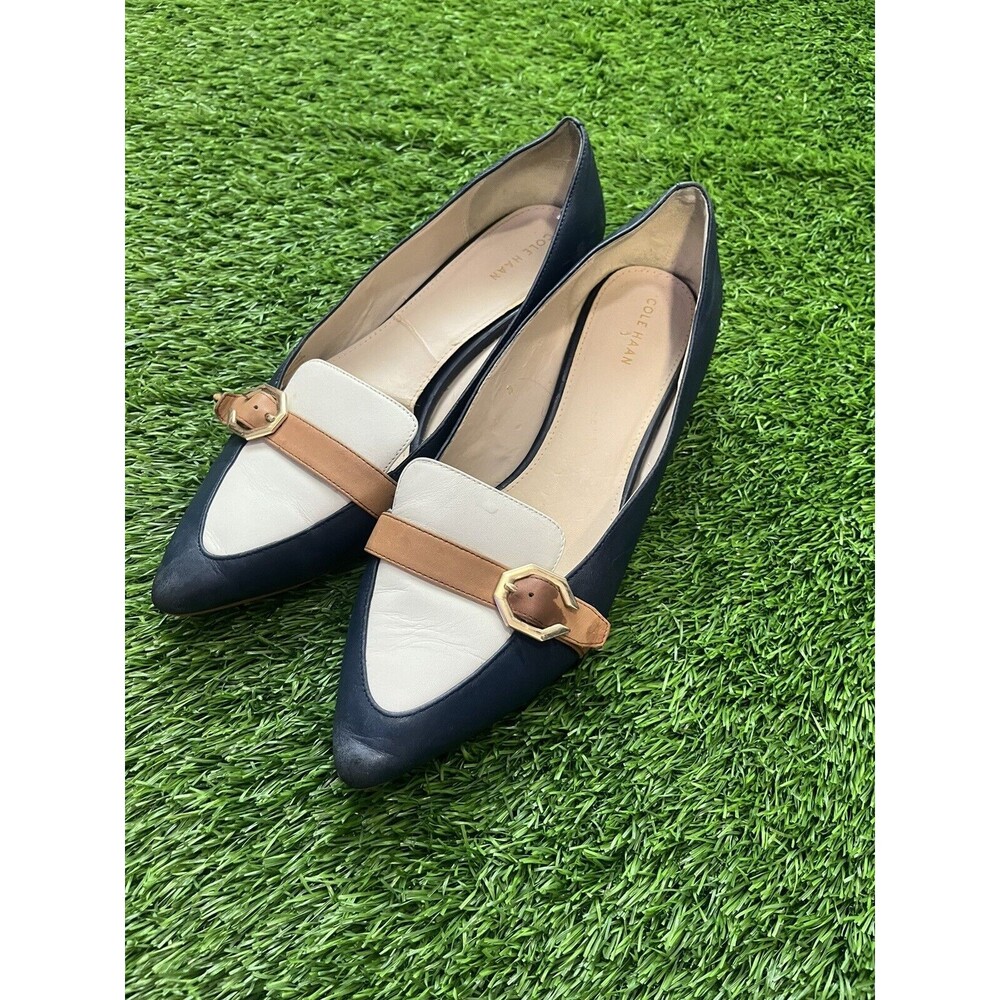 COLE HAAN Leela Skimmer Blue White  Leather Pointed Loafer Gold Buckle Size 91/2